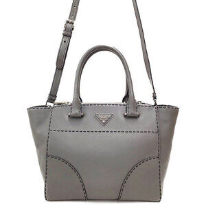 Prada City Calf Leather Topstitched Twin Pocket Tote Shoulder Bag Cream Tan